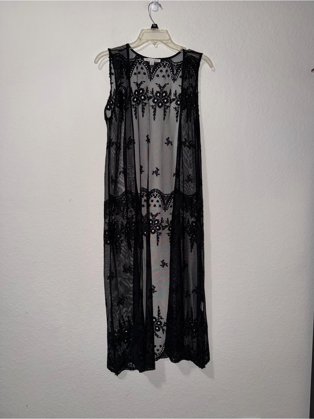 Haute Monde Black Sheer Embroidered Lace Long Vest
